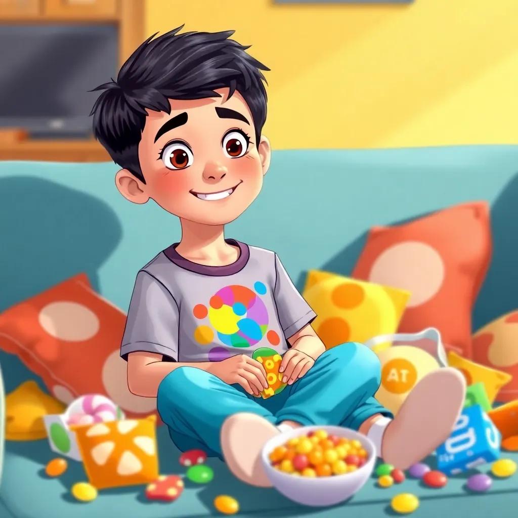 A young boy named Fahd, with short black hair and wearing a colorful T-shirt, sitting on a couch surrounded by candies and snacks, illustration, bright colors, playful scene, cheerful atmosphere, child-friendly