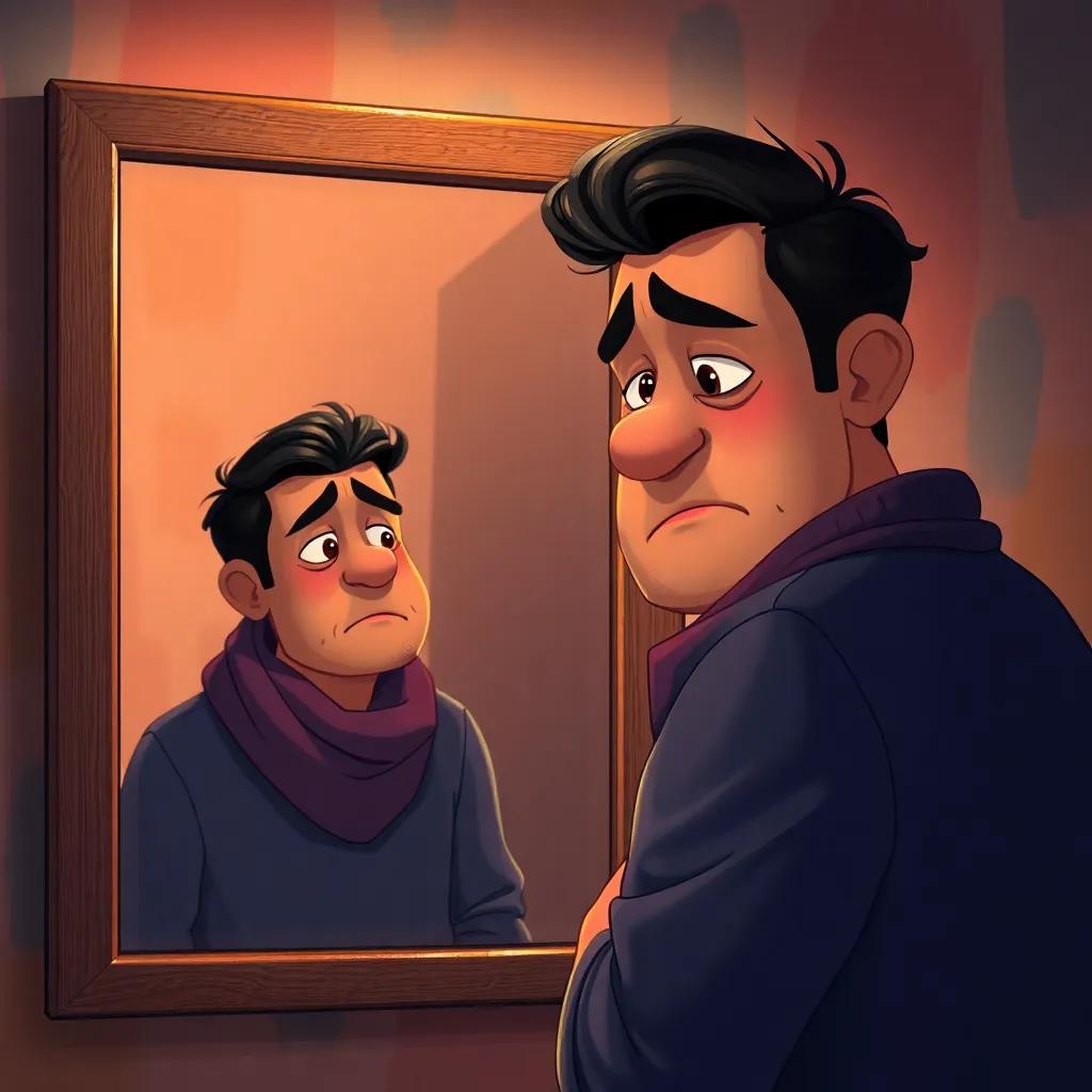 Fahd looking sadly into a mirror, seeing himself with a larger body and sad expression, with toothache, digital art, soft lighting, somber mood, colorful background