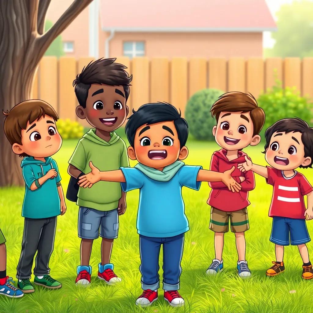 Fahd's friends laughing and pointing at him while playing outside, young children of various ethnicities, feeling a mix of concern and camaraderie, digital illustration, vibrant, lighthearted