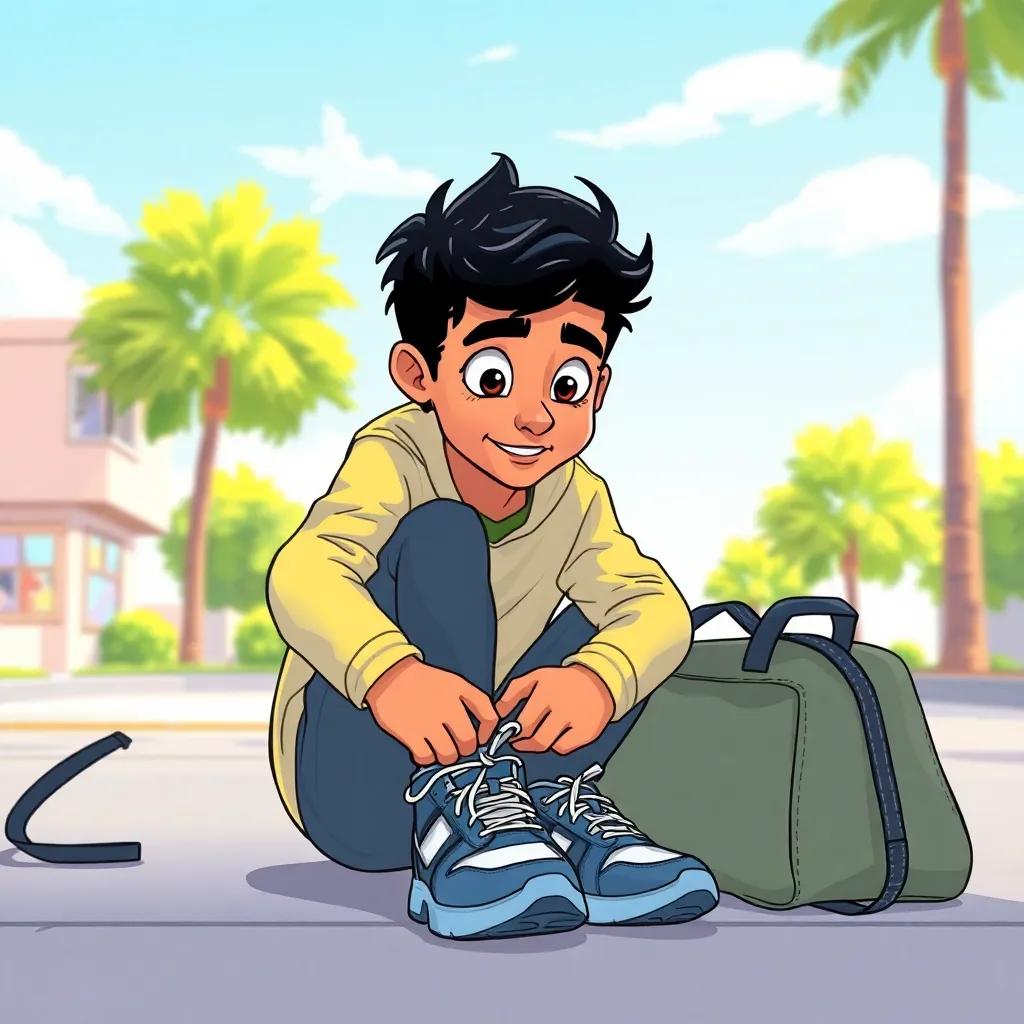 Fahd deciding to change, lacing up his sneakers with determination, gym bag by his side, bright sunny day outside, illustration, hopeful tone, energetic atmosphere