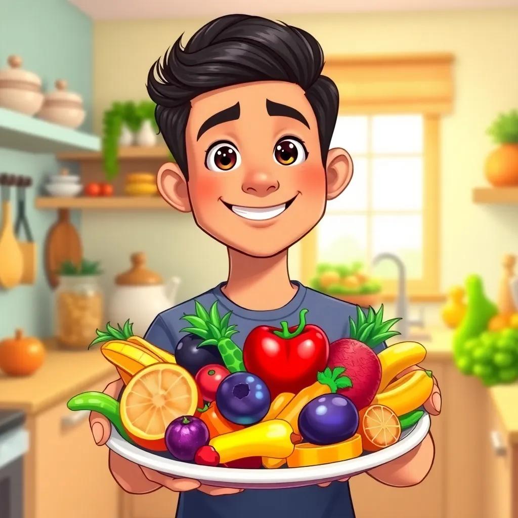Fahd holding a plate filled with colorful fruits and vegetables, looking proud and happy, bright kitchen in the background, digital illustration, colorful, healthy atmosphere