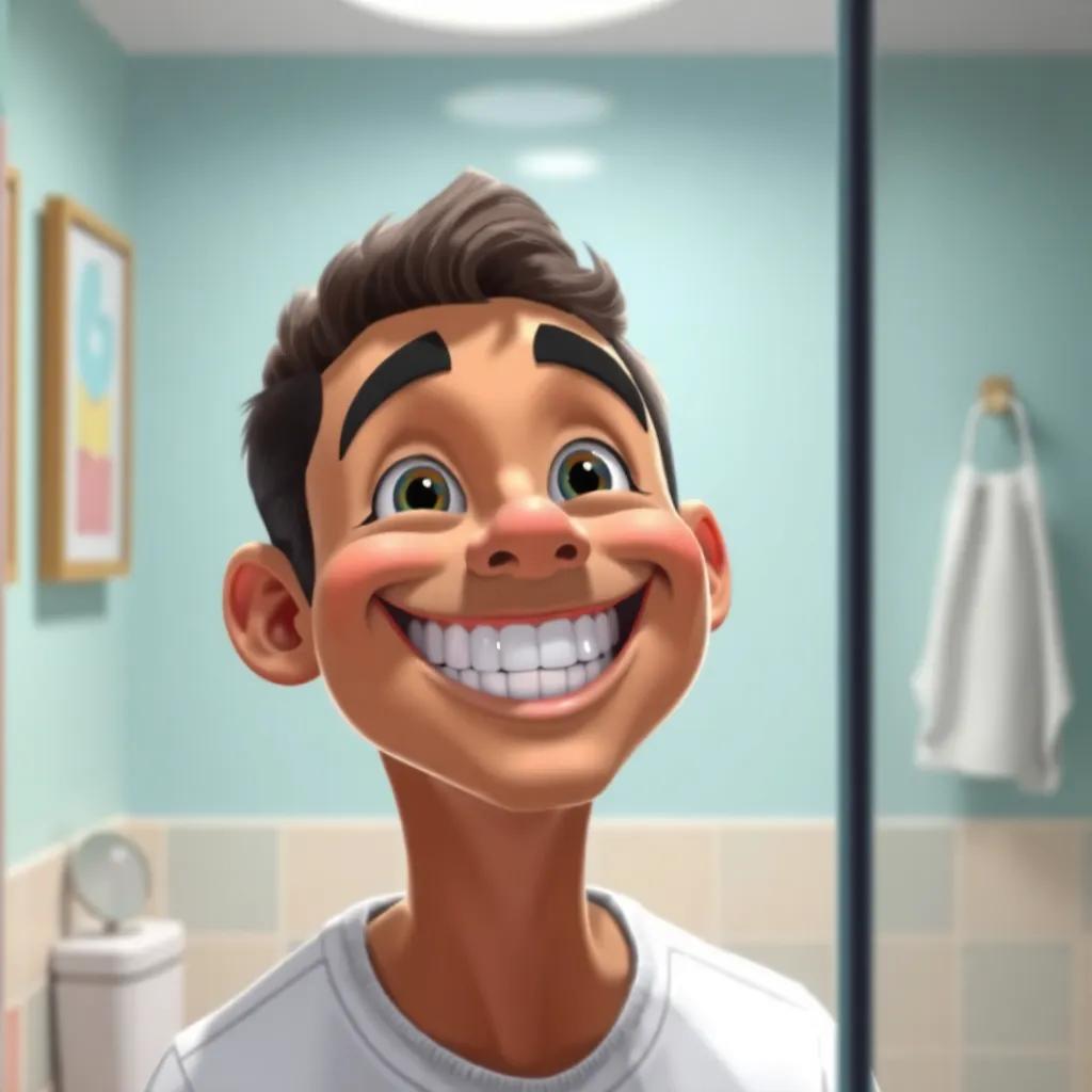 Fahd smiling brightly, showing his beautifully clean teeth in the mirror, with a cheerful expression, colorful bathroom setting, high-quality digital art, uplifting
