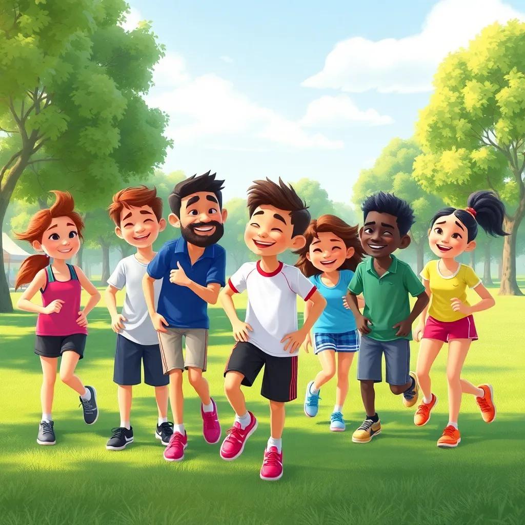 Fahd playing sports with new friends, laughing and having fun in a sunny park, all wearing sports clothes, illustration, vibrant, lively scene, joyful