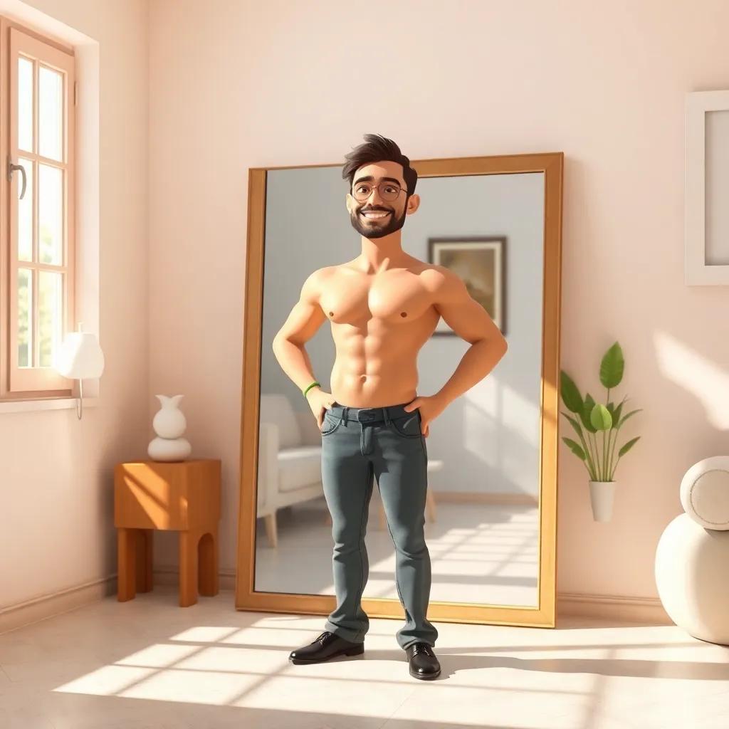 Fahd feeling proud and healthy, standing confidently in front of mirror with his healthier body, a bright and sunny room, digital art, optimistic, happy atmosphere