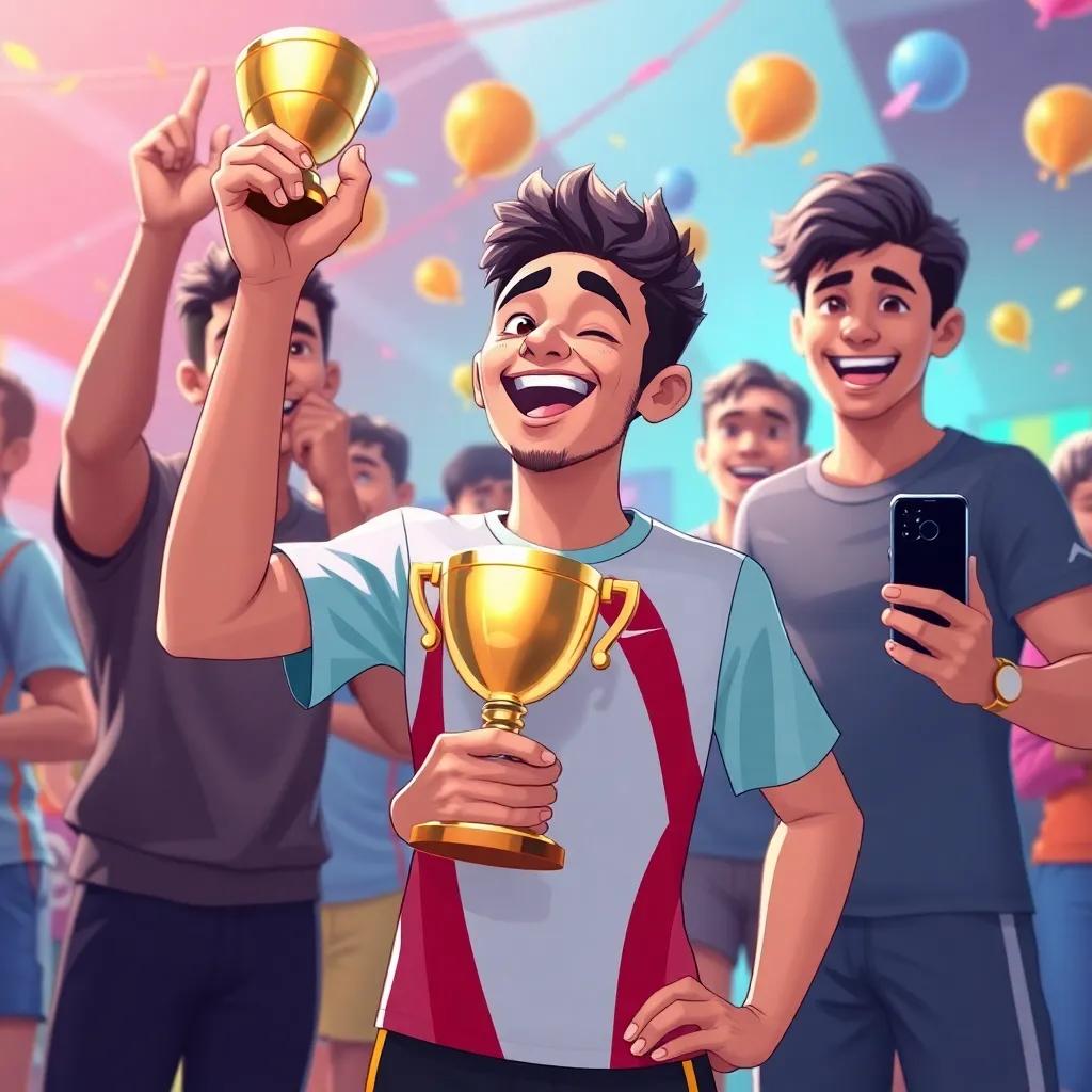 Fahd celebrating with his friends, holding a trophy after a sports competition, looking fit and energetic, colorful party setting, digital illustration, joyful, celebrative