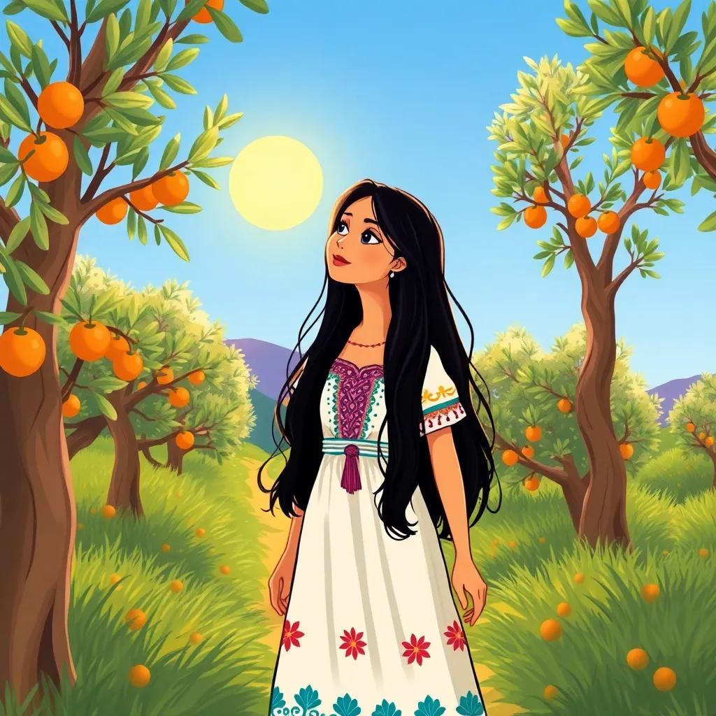 A young Algerian woman, Violara Neura, with long dark hair, wearing a colorful traditional dress, walking through lush olive groves under a bright sun, deep in thought, illustration, cheerful, vibrant colors, warm and inviting atmosphere, detailed