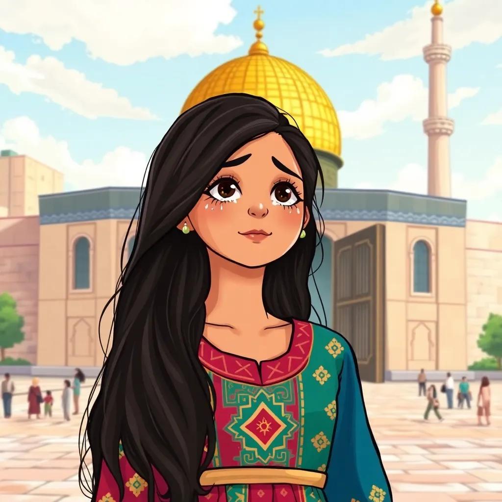 Violara Neura, a young Algerian woman with long dark hair in a colorful traditional dress, standing before the grand gates of Al-Aqsa Mosque with golden dome, tears of joy on her face, surrounded by a beautiful landscape, digital art, bright, uplifting, high quality