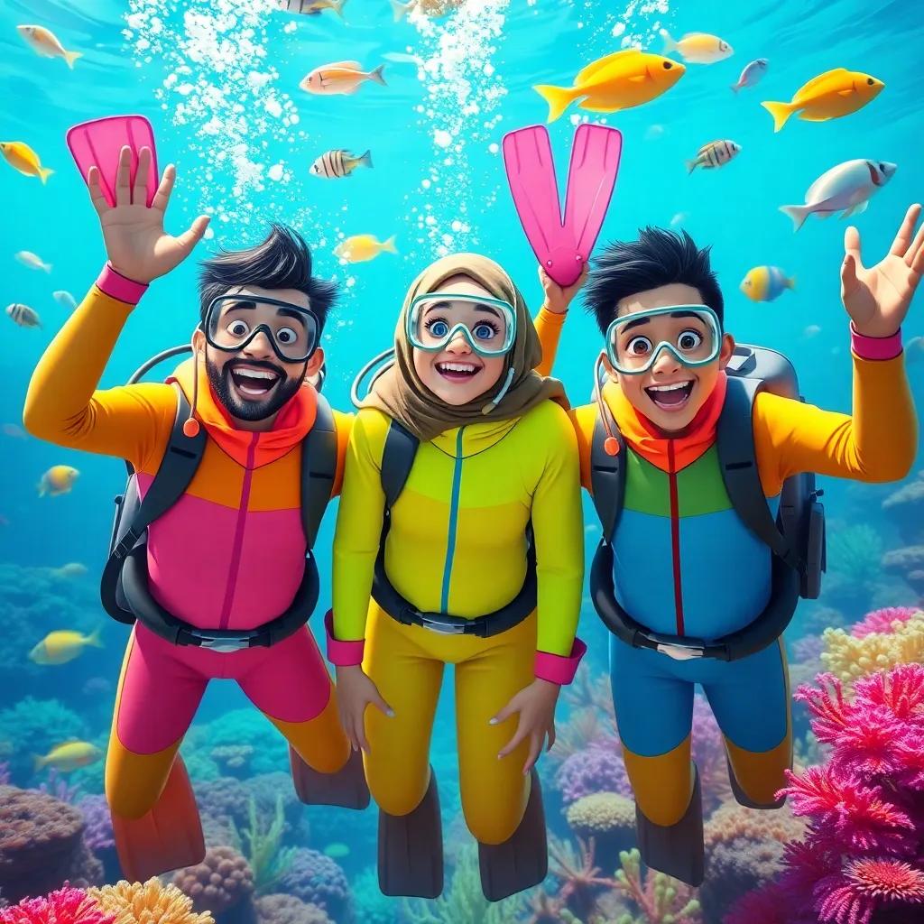 A group of excited friends, Ali, Fatima, and Sami, wearing bright diving suits and flippers, smiling underwater, surrounded by colorful coral reefs and fish, digital art, vibrant colors, underwater adventure, high quality