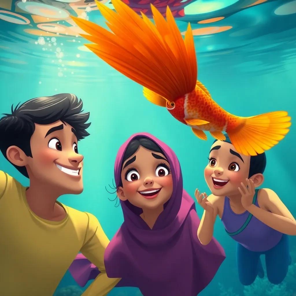Ali, Fatima, and Sami, submerged underwater, marveling at a colorful feathered fish swimming gracefully near them, rich colors, cheerful atmosphere, detailed illustration, engaging