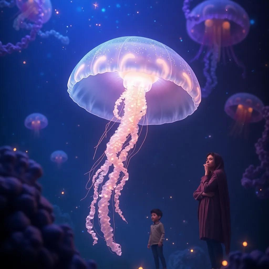 A luminescent jellyfish glowing in the dark ocean, with Ali, Fatima, and Sami mesmerized by its beauty, surrounded by a magical underwater scene, fantasy, vivid lighting, captivating imagery