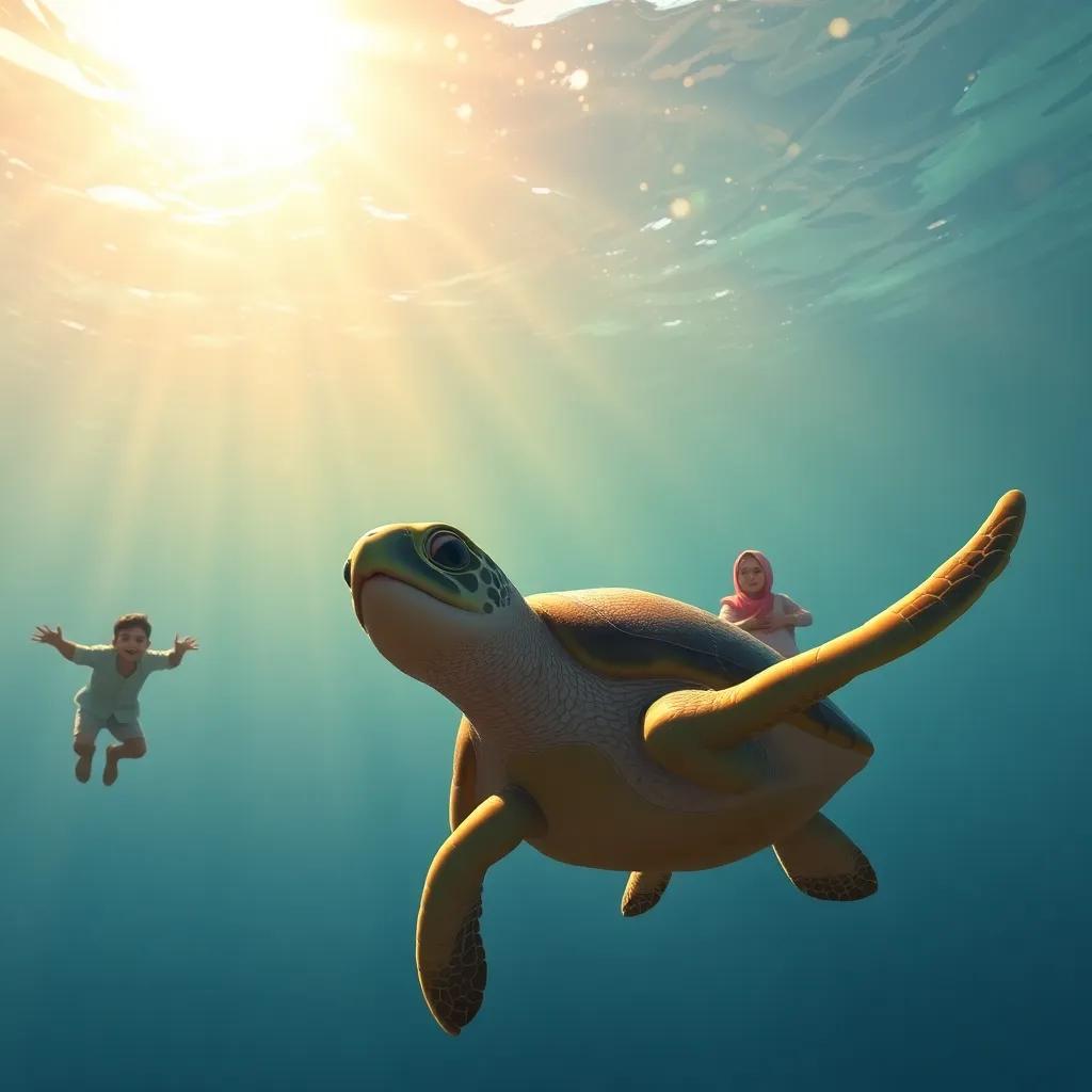 A gentle sea turtle swimming alongside Ali, Fatima, and Sami, with soft rays of sunlight filtering through the water, creating a serene and enchanting atmosphere, warm colors, breathtaking view, realistic