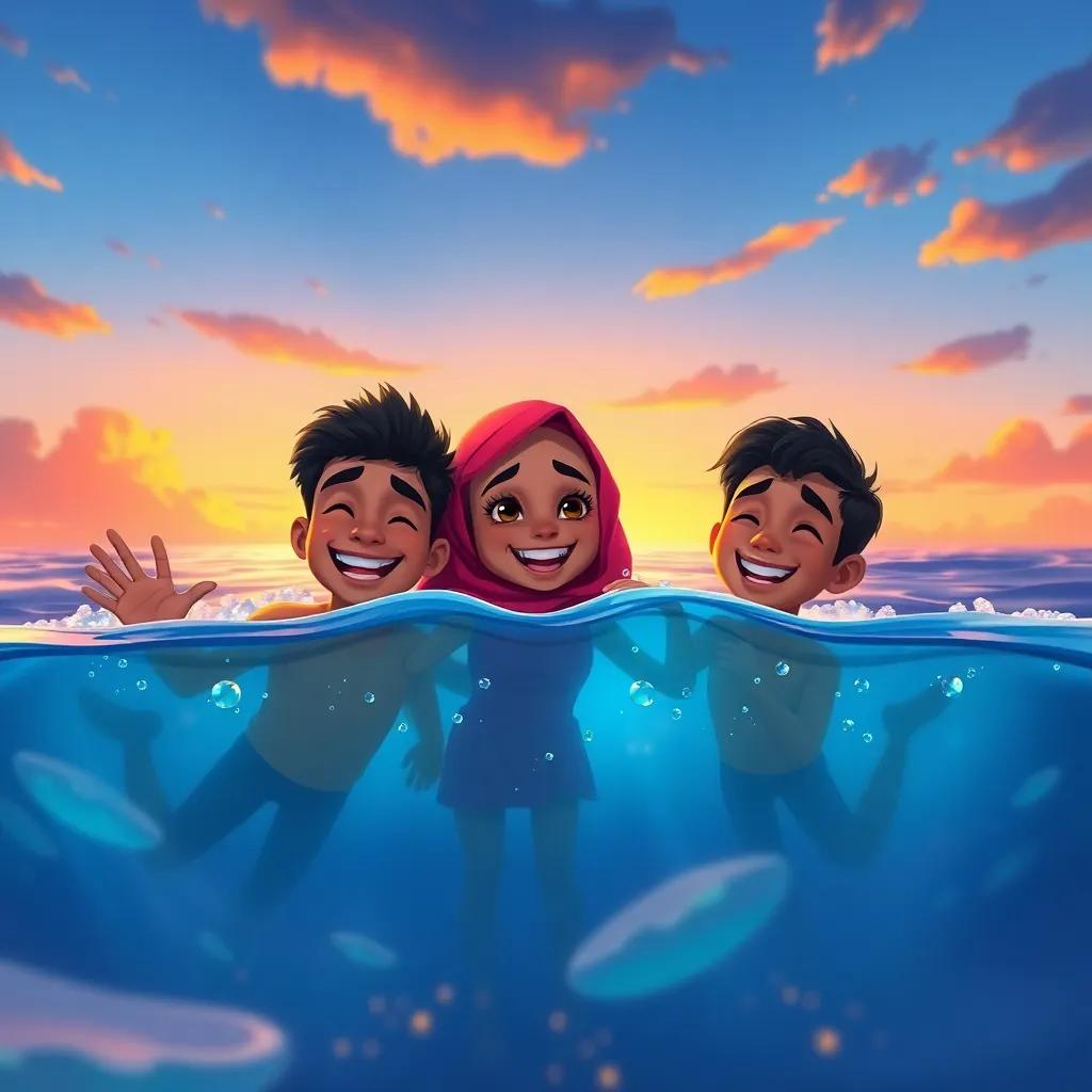 Ali, Fatima, and Sami, happily surfacing from the ocean, with smiles on their faces and memories of their underwater adventure, vivid sunset colors, warm light, joyous reunion, heartfelt