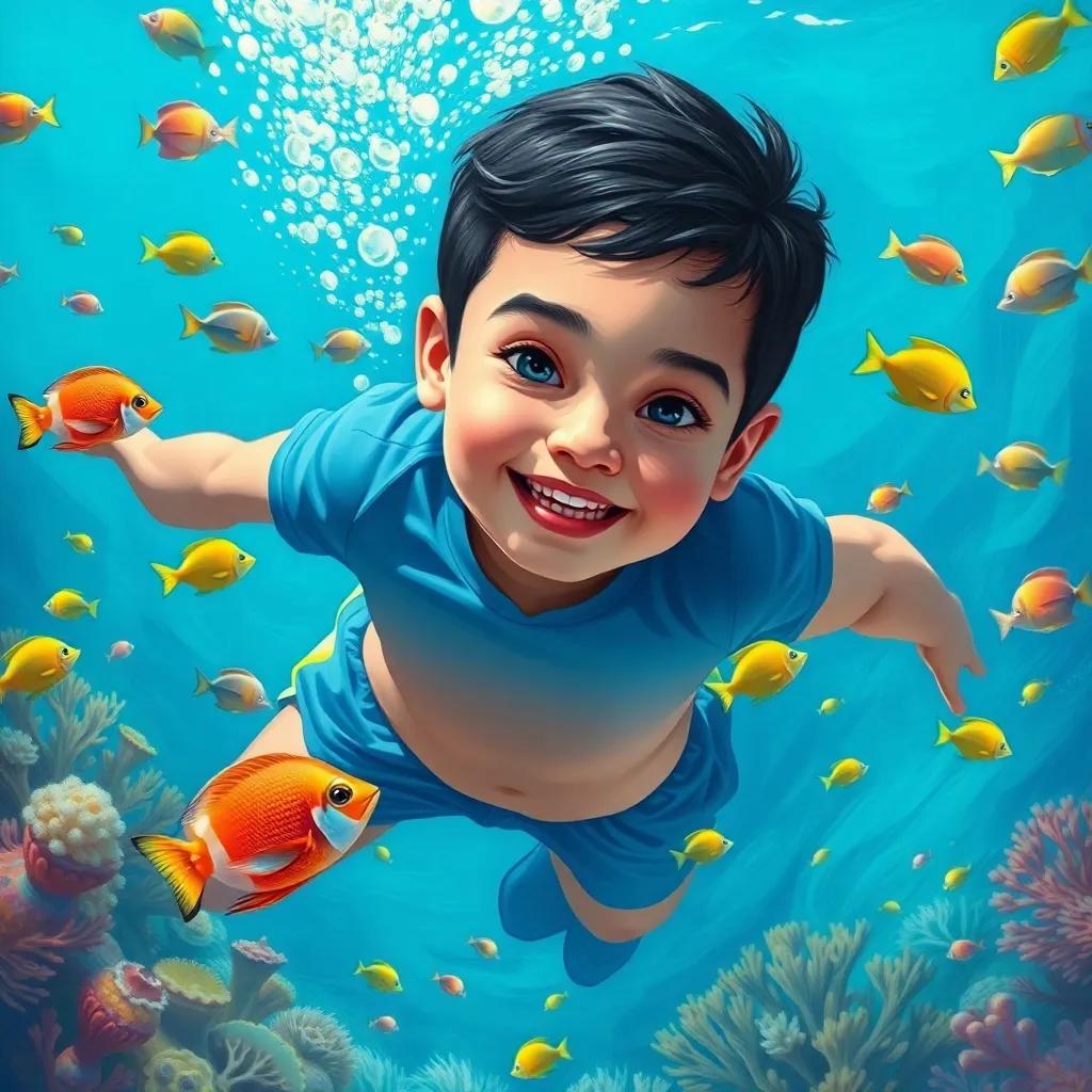 A young Arab boy, Sami, with short black hair, wearing a blue t-shirt and swimming trunks, diving into a bright blue ocean, surrounded by colorful fish and corals, digital art, vibrant colors, cheerful atmosphere, high quality