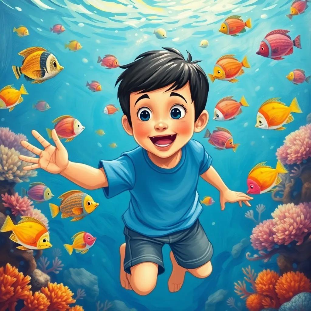Sami, a young Arab boy with short black hair, in a blue t-shirt and swimming trunks, happily swimming with colorful fish around him, amazed expression, underwater scenery with corals, bright and inviting, illustration, lively, child-friendly