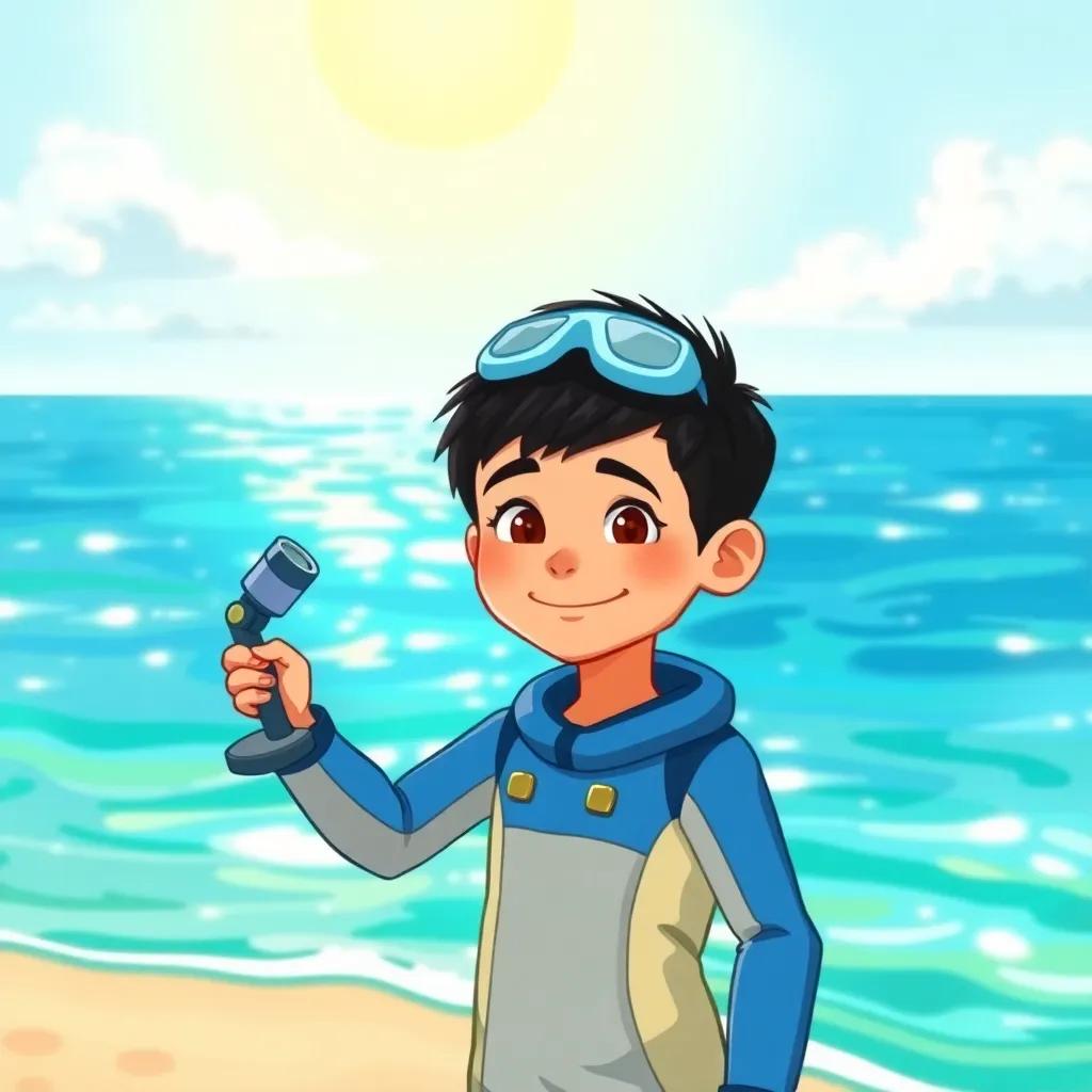 A young Arab boy, Adam, with short black hair wearing a blue diving suit, standing on the sunny beach with a magical microscope in his hand, smiling, vibrant sea in the background, detailed digital art, bright colors, cheerful atmosphere, inviting warmth