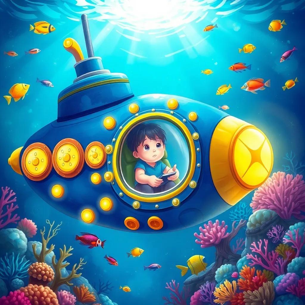 A magnificent blue submarine with many buttons and shiny lights diving under the ocean, surrounded by colorful fish and coral reefs, Adam inside looking amazed, colorful ocean world, illustration, enchanting, child-friendly, high detail