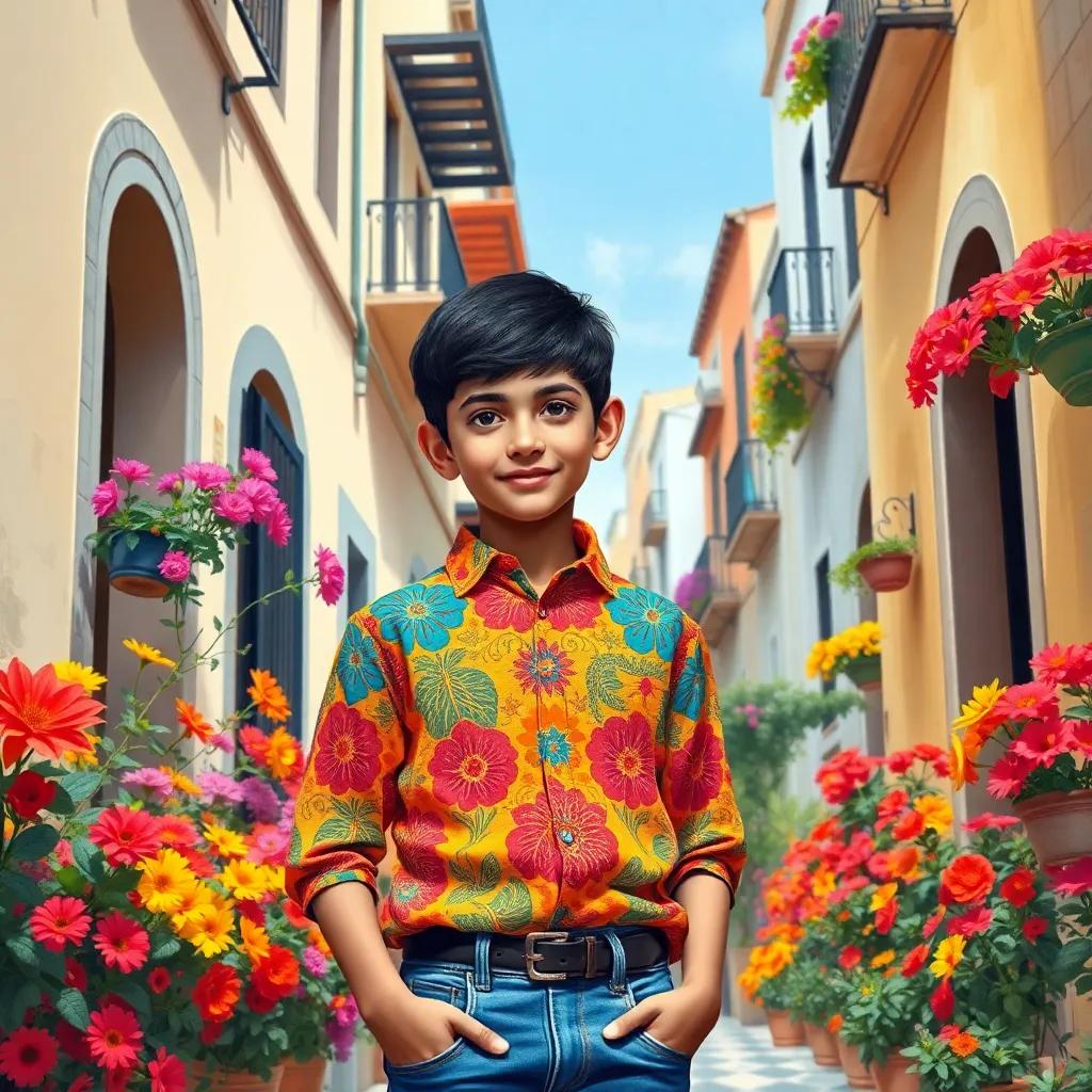 A young Arab boy, Ali, with short black hair, wearing a colorful shirt and jeans, exploring the narrow streets of Andalusia filled with vibrant flowers and traditional buildings, digital art, bright colors, cheerful atmosphere, high quality