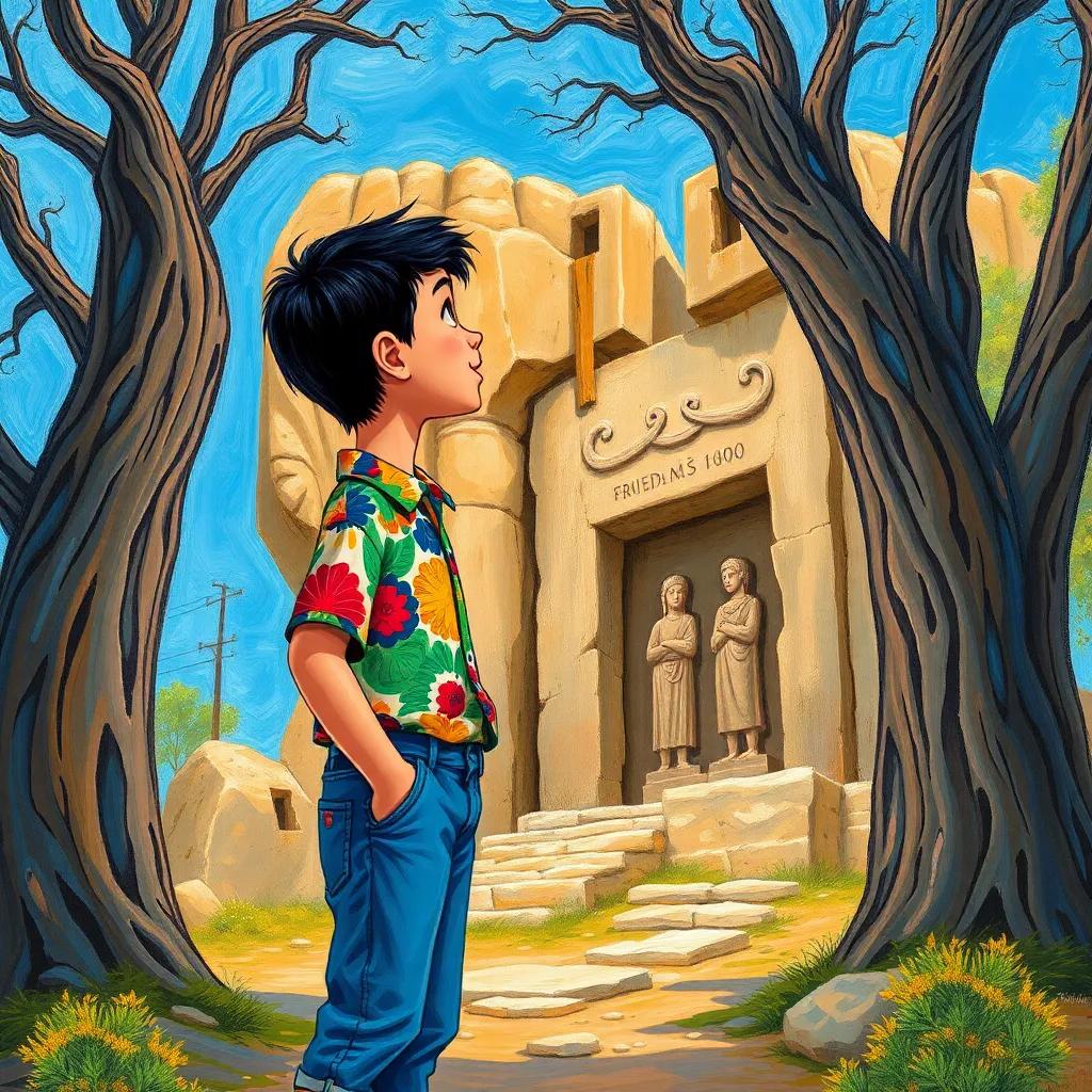 A young Arab boy, Ali, with short black hair, wearing a colorful shirt and jeans, looking at an ancient stone carving with his friend, surrounded by old trees and blue sky, illustration, adventurous, friendly vibe, child-friendly