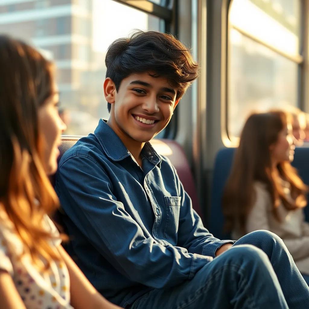 A young Arab boy, Ali, with dark hair, wearing a blue shirt and jeans, sitting on a bus seat smiling at a girl, warm light, cheerful atmosphere, high quality