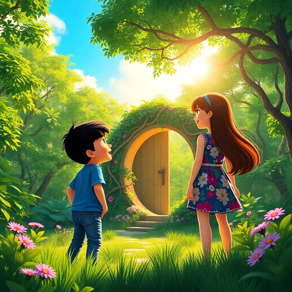 A sunny morning in a lush green forest, two children, Ali, a 10-year-old boy with short black hair, wearing a blue t-shirt and jeans, and Lina, a 10-year-old girl with long brown hair, wearing a colorful dress, excitedly looking at an ancient time portal covered in vines and flowers, bright colors, cheerful atmosphere, high quality