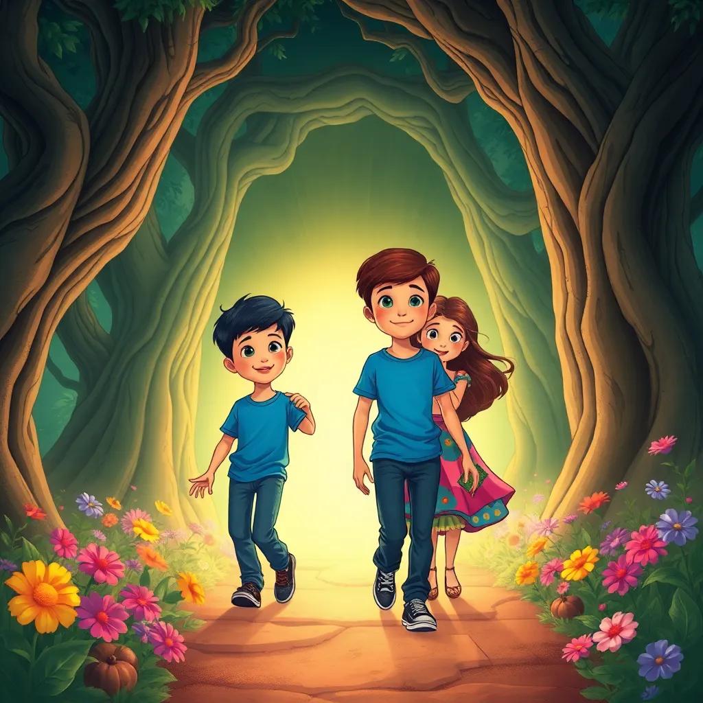 Ali, a 10-year-old boy with short black hair in a blue t-shirt and jeans, and Lina, a 10-year-old girl with long brown hair in a colorful dress, stepping through a glowing time portal surrounded by ancient trees and vibrant flowers, experiencing wonder and curiosity as they travel back in time, illustration, magical, fantasy, engaging