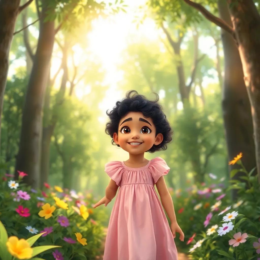 A young Arab girl, Leila, with curly dark hair, wearing a light pink dress, exploring a vibrant green forest filled with tall trees and colorful flowers, joyful expression, digital art, cheerful colors, bright sunlight filtering through the leaves, magical atmosphere, high quality