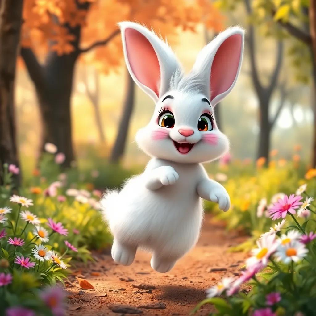 A friendly rabbit, Rimi, with fluffy white fur and big ears, hopping playfully through the forest, surrounded by trees and flowers, inviting smile, enchanting scene, digital art, colorful and lively, uplifting ambiance, high quality