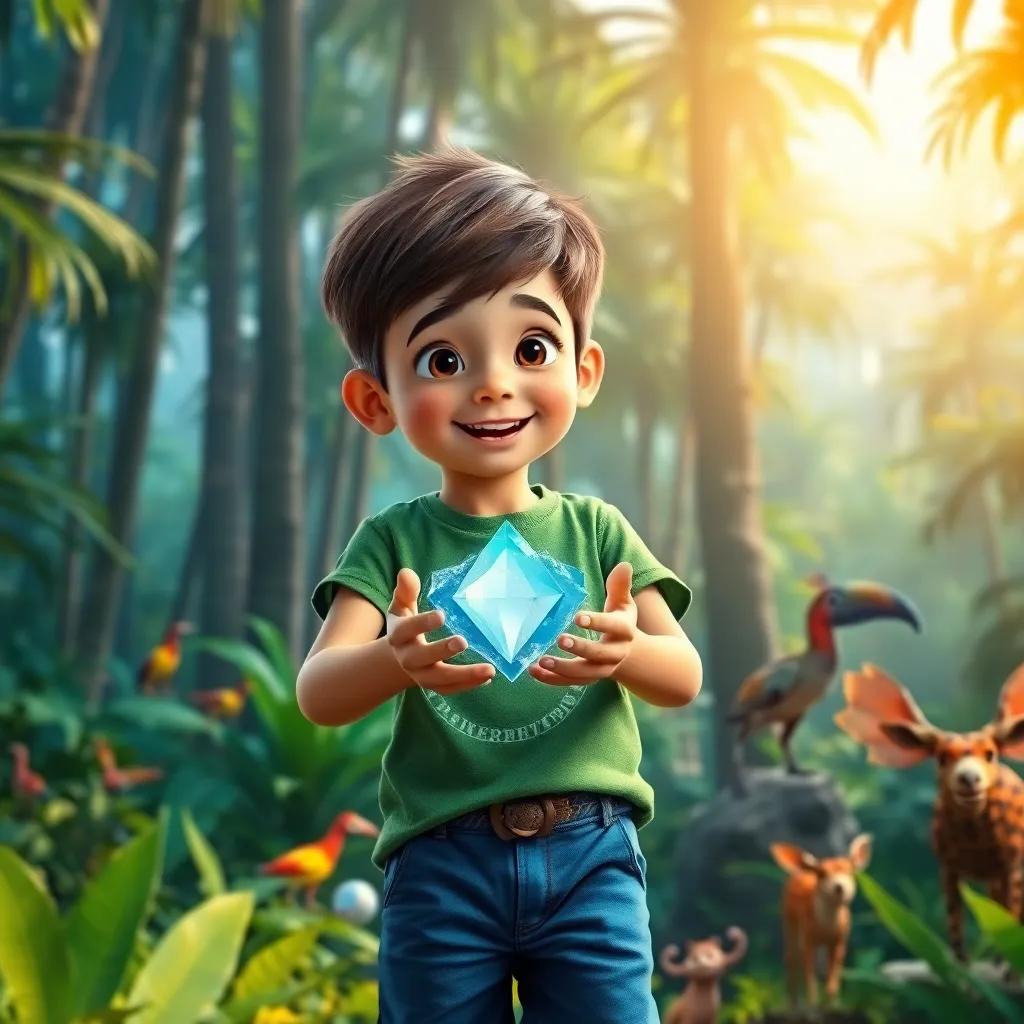 A young boy named Sami with short brown hair, wearing a green t-shirt and blue shorts, exploring a vibrant jungle filled with tall trees and colorful animals, excitedly holding a shimmering crystal in his hands, digital art, lively colors, adventurous atmosphere, high quality