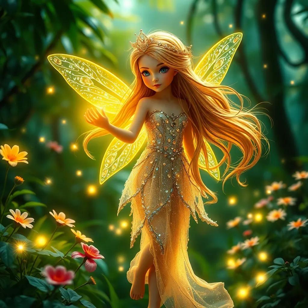 A beautiful fairy with long flowing hair, wearing a sparkling dress, appearing in a magical glow in the jungle, surrounded by flowers and light sparkles, enchanting scene, whimsical, child-friendly, high quality