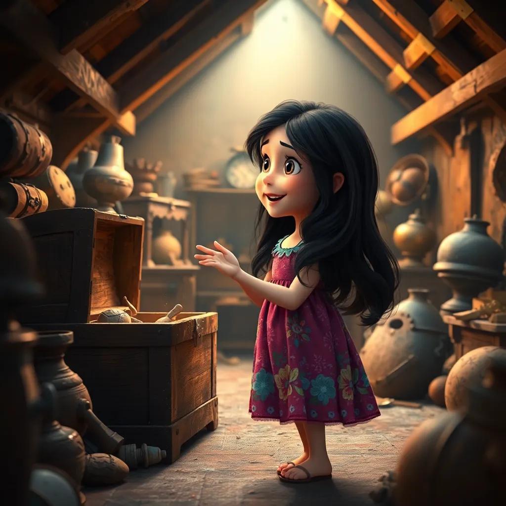 A young girl, Sara, with long, dark hair wearing a colorful dress, exploring an attic filled with dust and old objects, excitedly opening an ancient chest, digital art, warm lighting, bright colors, inviting atmosphere, high quality