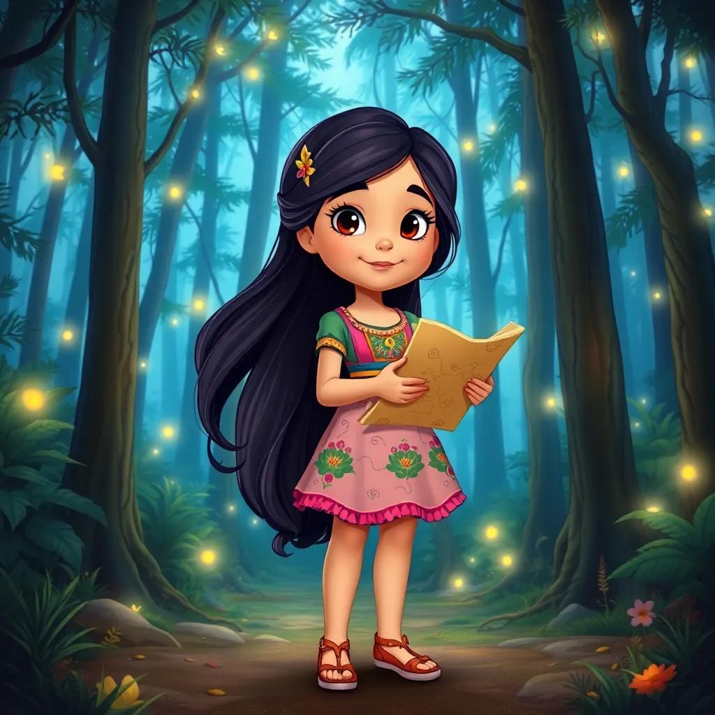 A young girl, Sara, with long, dark hair wearing a colorful dress, holding an ancient map, standing at the entrance of a mysterious forest with tall trees and magical lights, illustration, enchanting, vibrant colors, child-friendly, high quality