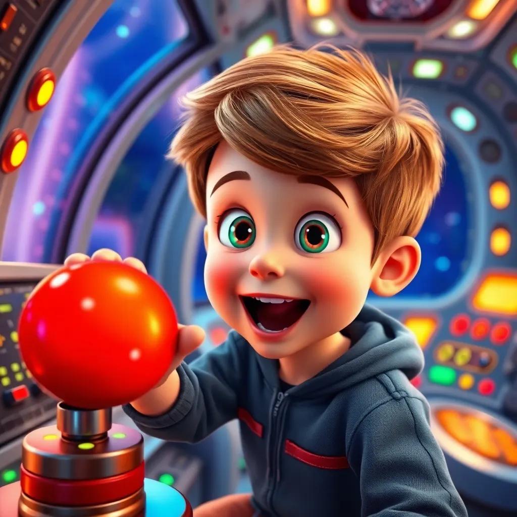 A boy, excited and wide-eyed, pressing a big red button in a shiny spaceship cockpit surrounded by colorful lights and buttons, digital art, vibrant colors, cheerful atmosphere, high quality