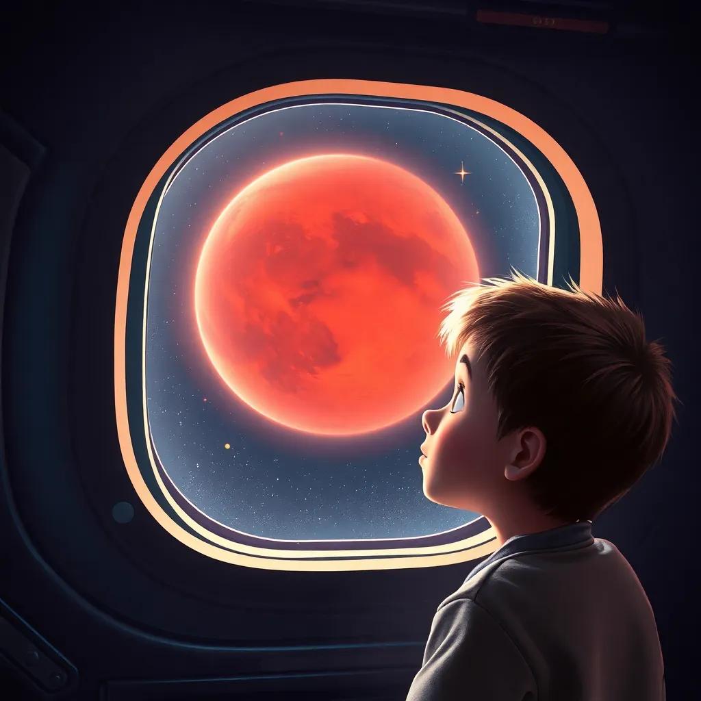 A boy looking out of the spaceship window at the red planet Mars, with stars twinkling in the background and a sense of wonder on his face, digital painting, bright colors, enchanting imagery, high quality