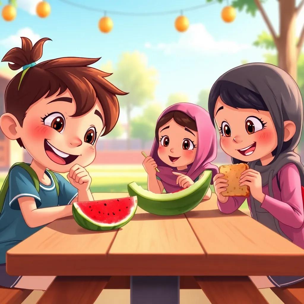 A school break scene with Jouri enjoying a slice of juicy watermelon at a picnic table, smiling happily, while Jawharah snacks on nuts and Jumanah eats a cheese sandwich, colorful and cheerful, illustration, close-up view, warm light
