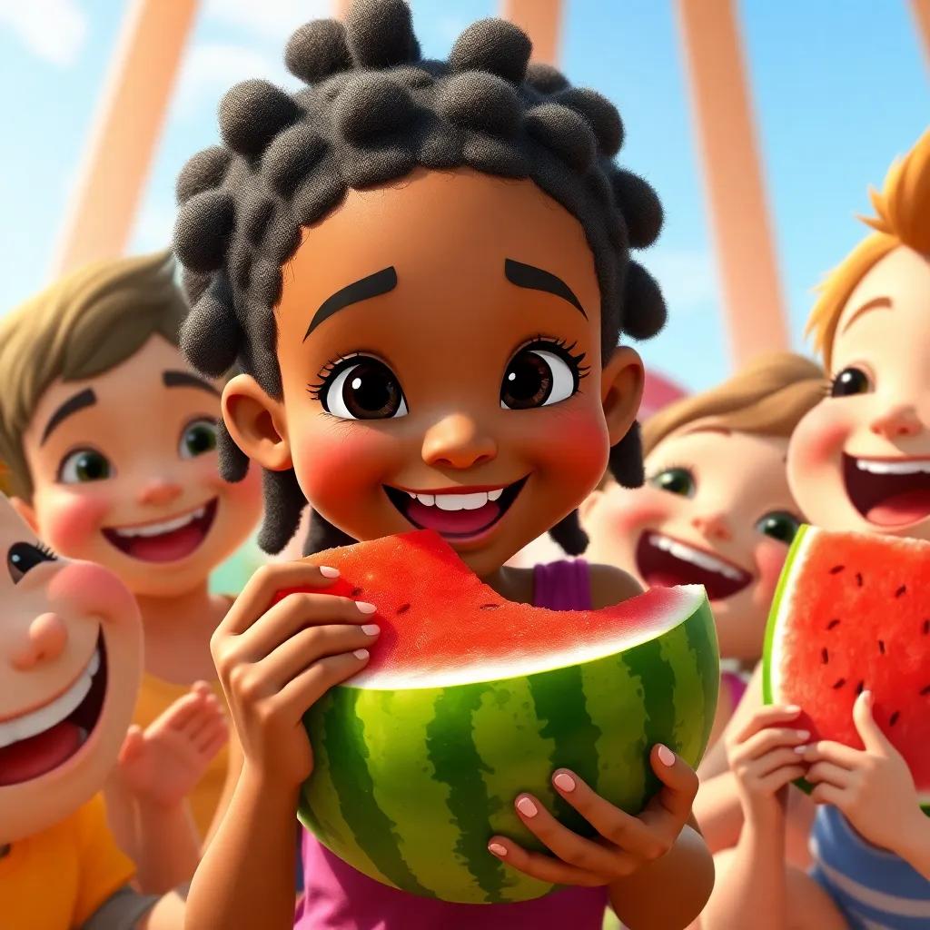 Jouri biting into her watermelon, showing a bright smile and enjoying the taste, surrounded by her friends who are also having fun, friendly gathering, joyful expressions, bright colors, child-friendly