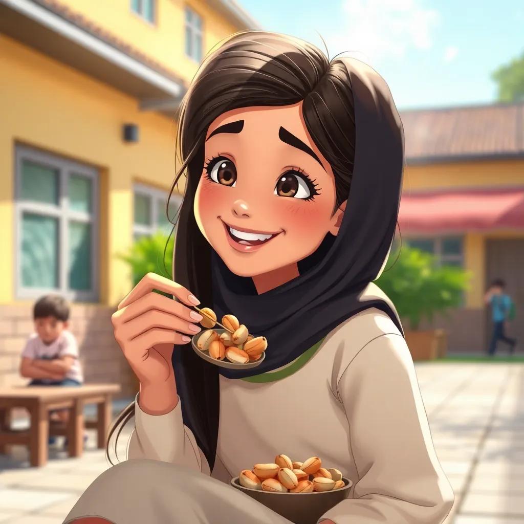 Jawharah happily munching on mixed nuts, with her shiny hair attracted by the sunlight, seated in the school courtyard, cheerful background, bright light, detailed
