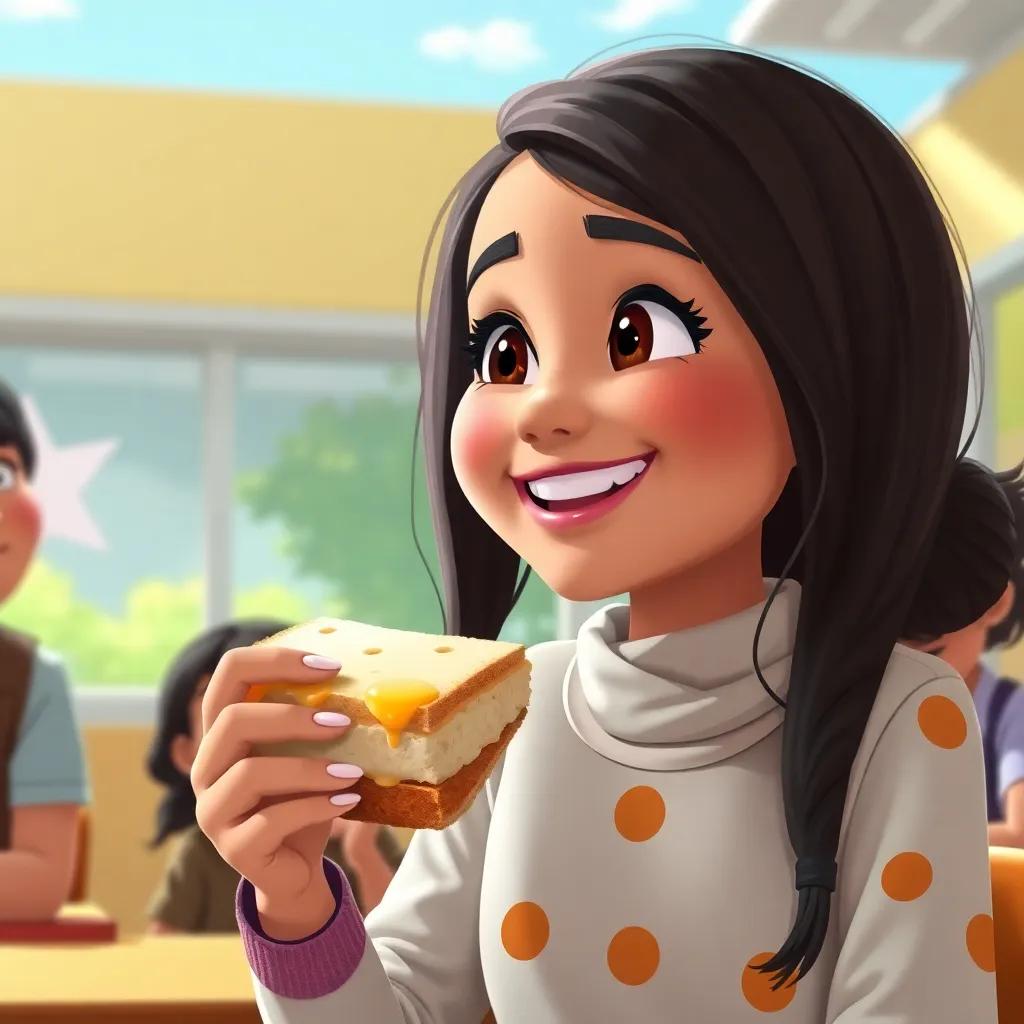 Jumanah taking a big bite of her cheese sandwich, looking satisfied and happy, her friends watching at her excitement, sunny school background, vibrant colors, close-up, joyful atmosphere
