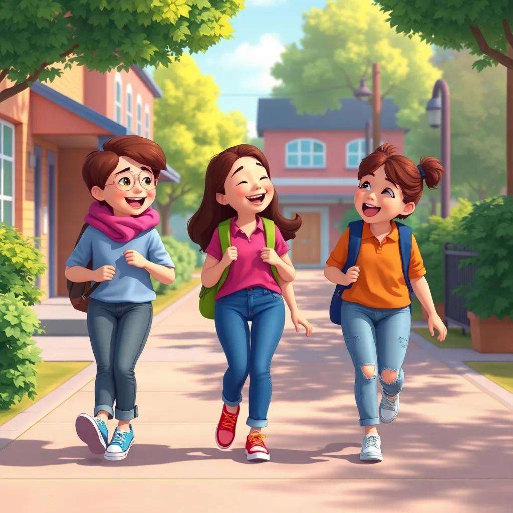 The three friends walking back to their classroom, laughing and chatting happily, a warm atmosphere among their school surroundings, cheerful, vibrant colors, friendly vibe, digital art