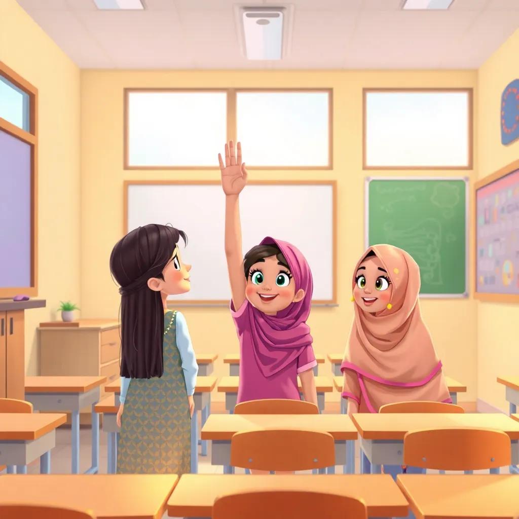 Inside the classroom with the teacher asking questions, Jouri raising her hand, while Jumanah and Jawharah look eager to answer, bright classroom, engaging atmosphere, illustration