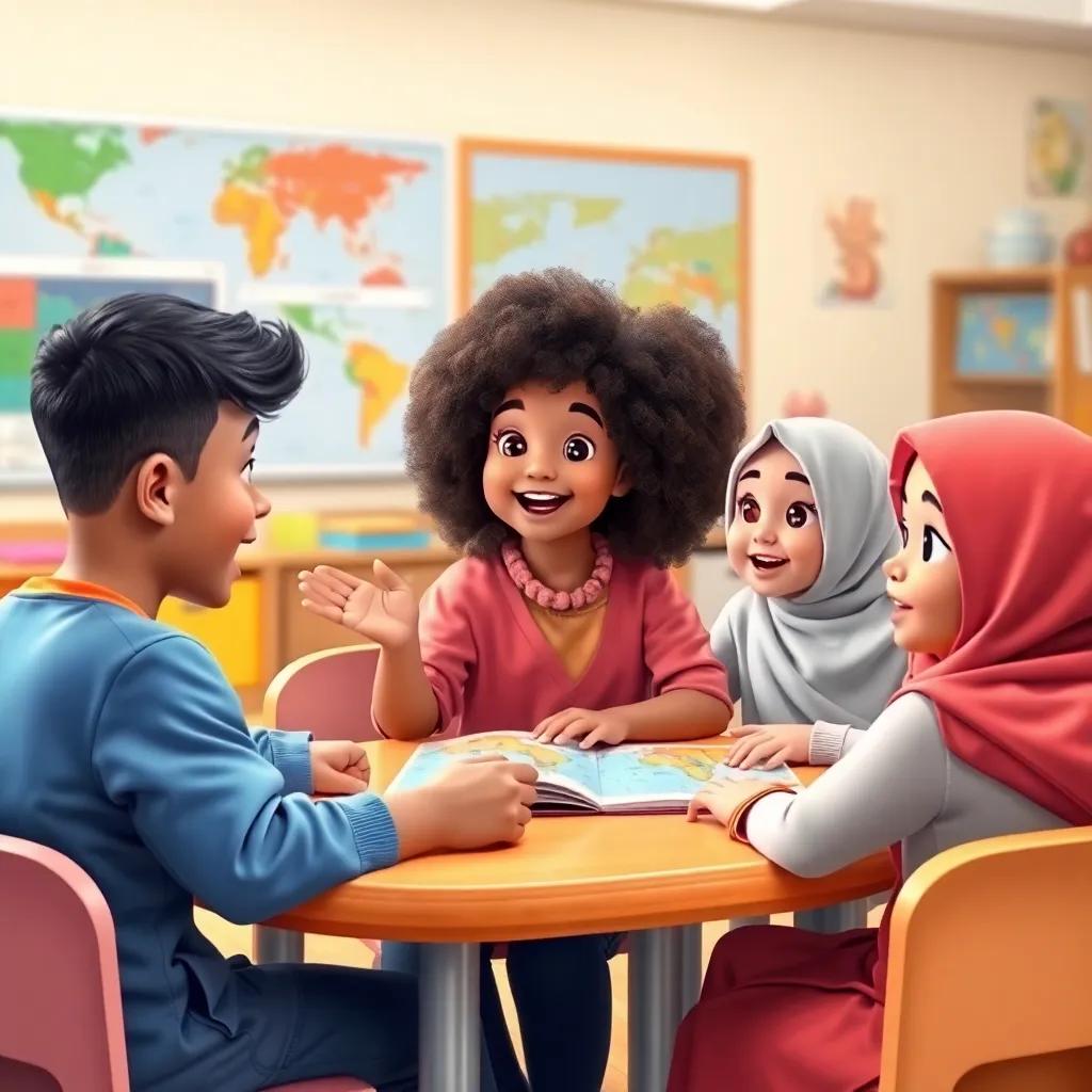 Jouri excitedly sharing about geographical locations, with Jawharah and Jumanah showing interest, colorful classroom, engaging vibe, child-safe, friendly light