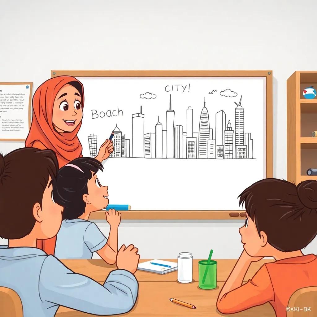 Jumanah talking about big cities while drawing on a whiteboard, with her friends listening attentively and participating, happy school scene, illustration