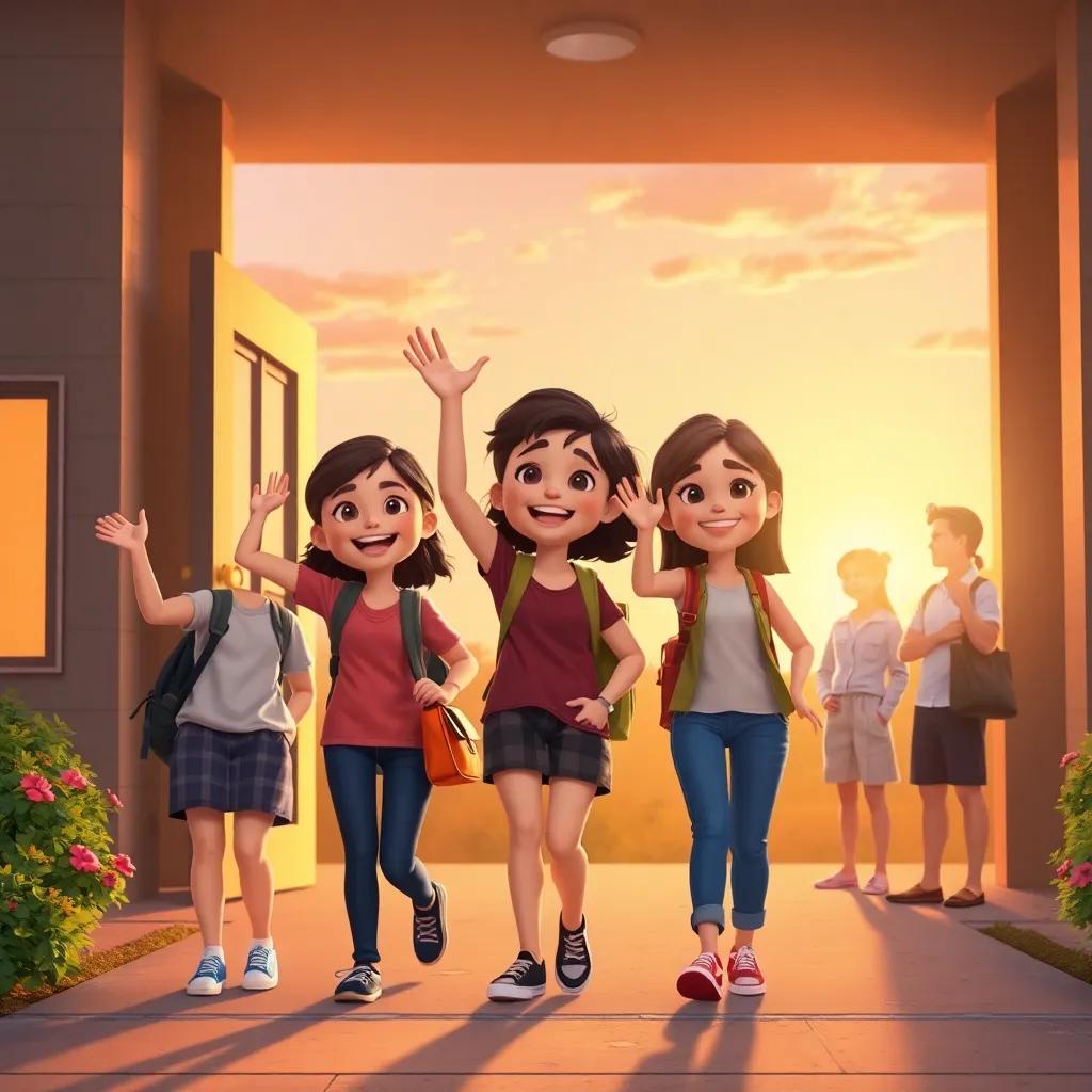 The three friends leaving school, waving goodbye, with smiles on their faces, surrounded by parents waiting for them outside, warm sunset light, happy atmosphere, digital art