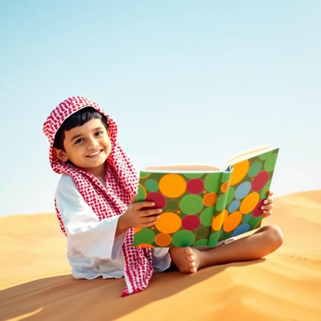 A young Saudi boy named Sami, with short black hair, wearing a traditional white thobe with a red and white checkered headdress, sitting on the sand dunes while holding a big colorful book, under a clear blue sky, digital art, warm colors, joyful atmosphere, high quality