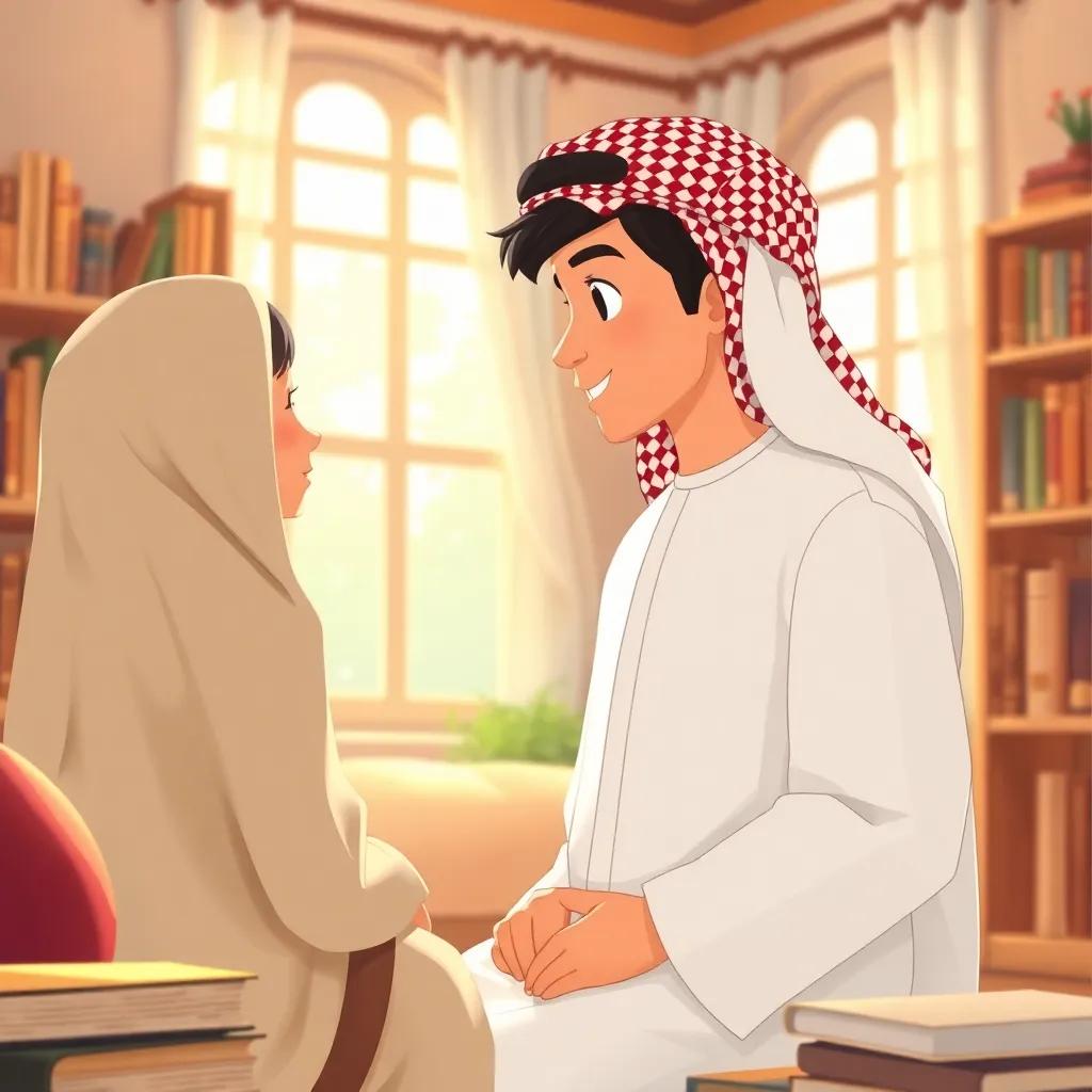 A young Saudi boy, Sami, with short black hair, wearing a traditional white thobe and red checkered headdress, talking to his mother in a cozy room filled with books, sunlight streaming through the window, illustration, cheerful, inviting, warm colors