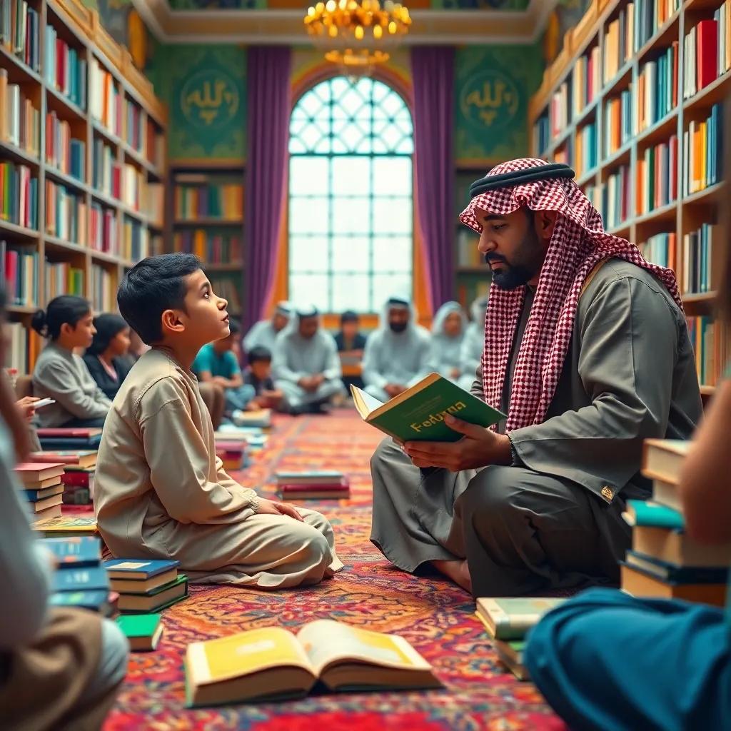 A colorful library scene with Sami sitting on a rug, surrounded by books and listening to a local writer, who is dressed in traditional Saudi attire, storytelling atmosphere, vibrant colors, engaged audience