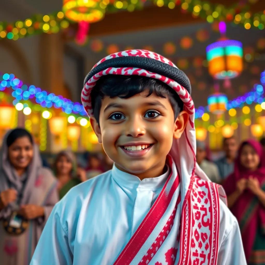 A young Saudi boy, Sami, wearing new festive clothes, enjoying the national holidays, with families celebrating in the background, colorful decorations, festive lights, joyful expressions