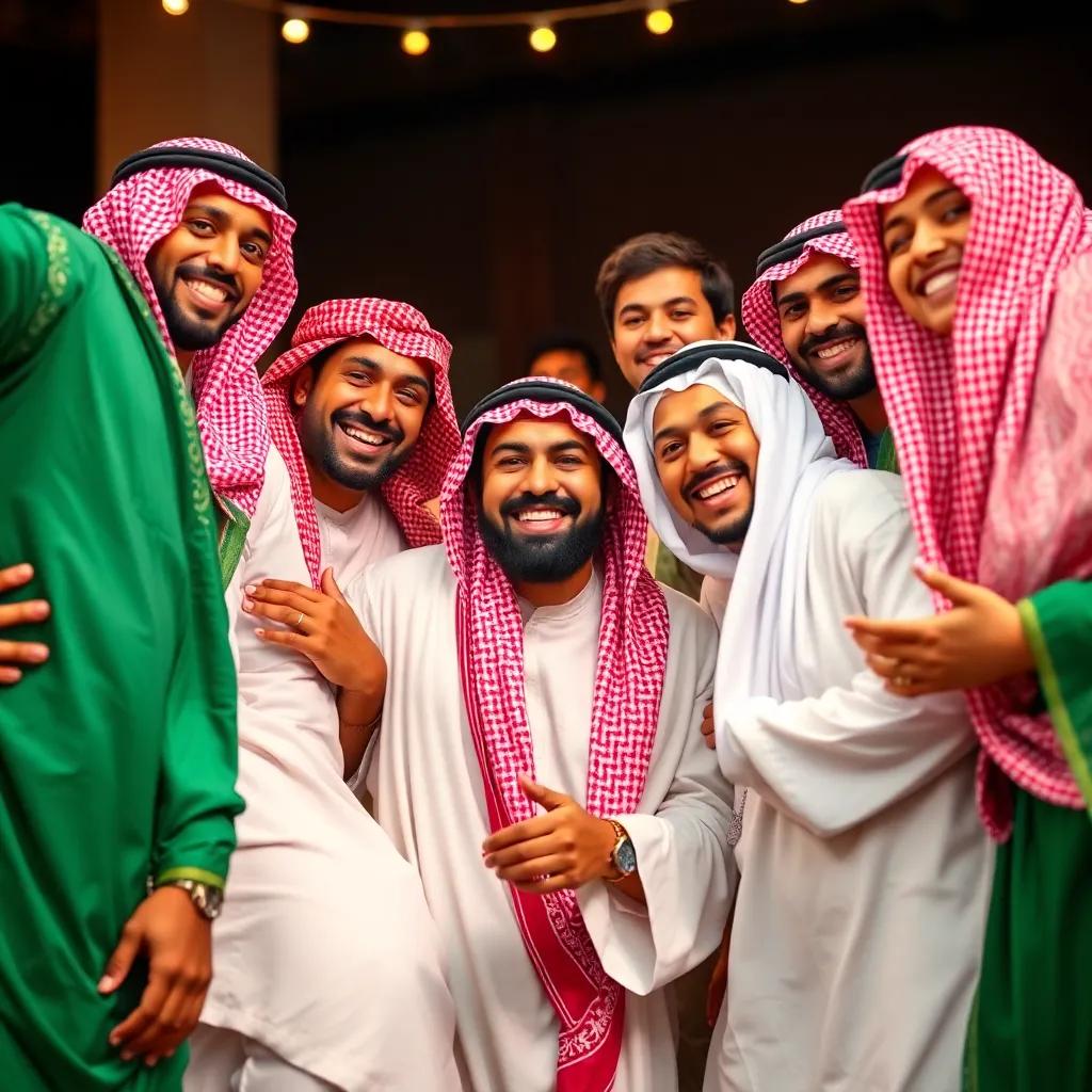 A joyful scene of Sami surrounded by friends, all wearing traditional Saudi clothes, playing and celebrating together with smiles, vibrant colors, heartwarming atmosphere, high quality