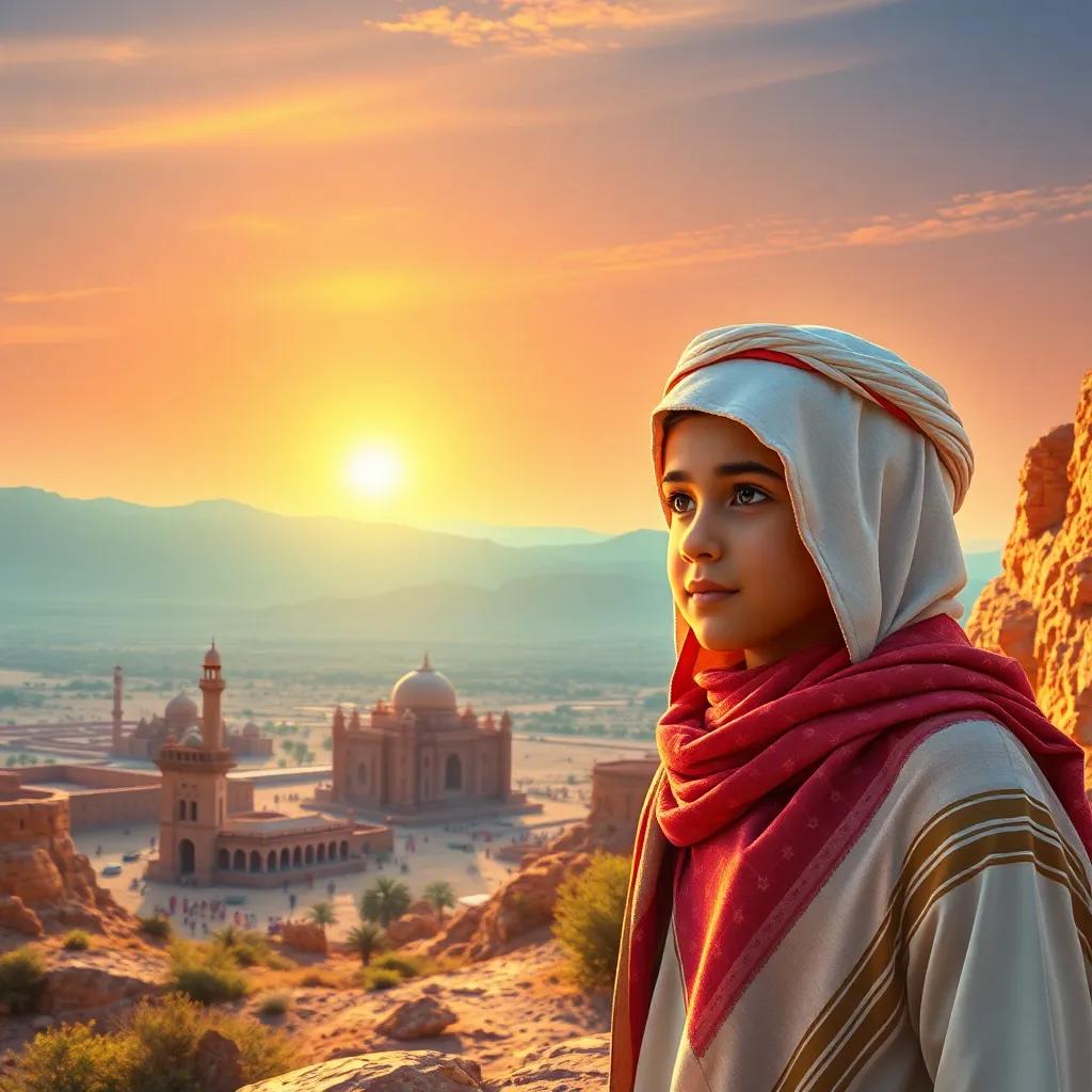 A beautiful Saudi landscape view with the young boy, Sami, an illustration of historic monuments and cultural symbols, sun setting in the background, inspiring atmosphere, vibrant colors