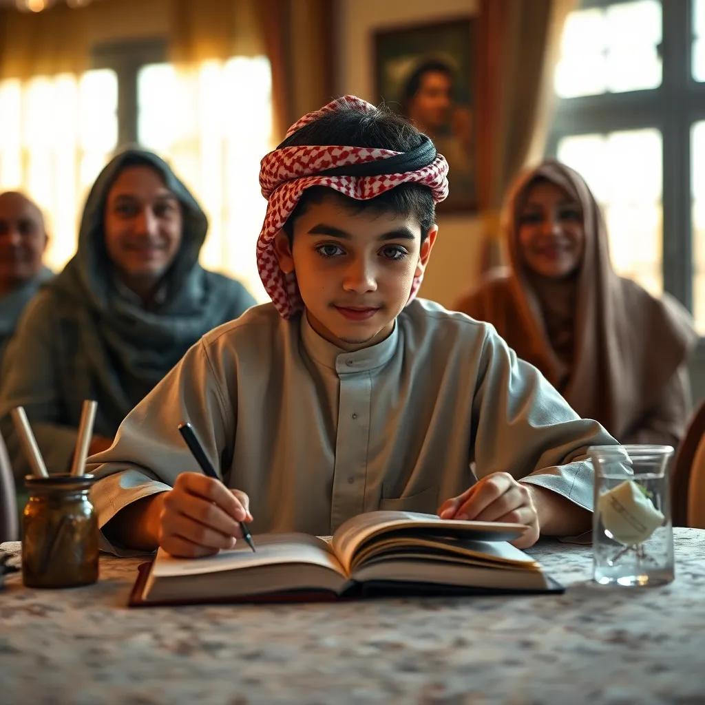 A young Saudi boy, Sami, sitting at a table, writing his story in a notebook, surrounded by family and friends, warm light, inspiring atmosphere, creative