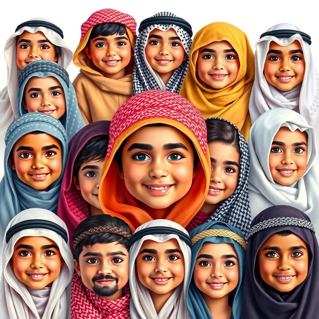 A collage of diverse Saudi children, including Sami, illustrating different cultural aspects and heritage, vibrant colors, friendly faces, celebrating national identity, high quality